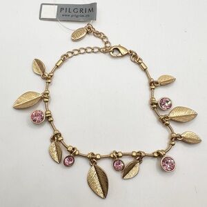 Pilgrim Gold Bracelet Pink Gem Charms Leaf Dangling Casual Classic Jewelry NWT